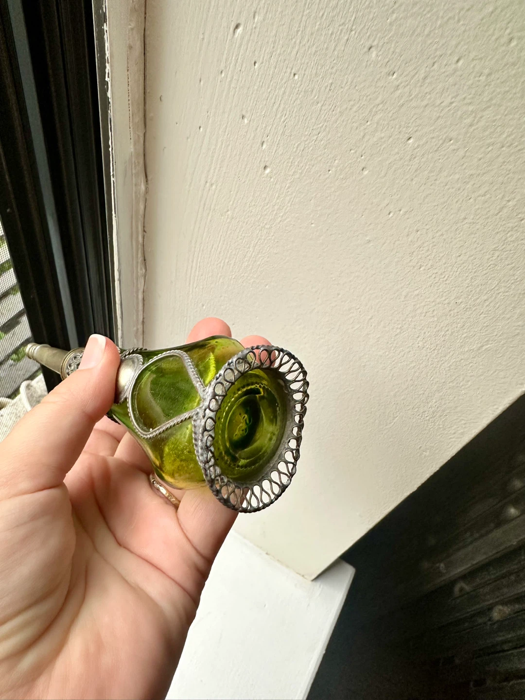 Moroccan Vintage Green Glass Perfume Bottle with Metal Overlay - photo 3