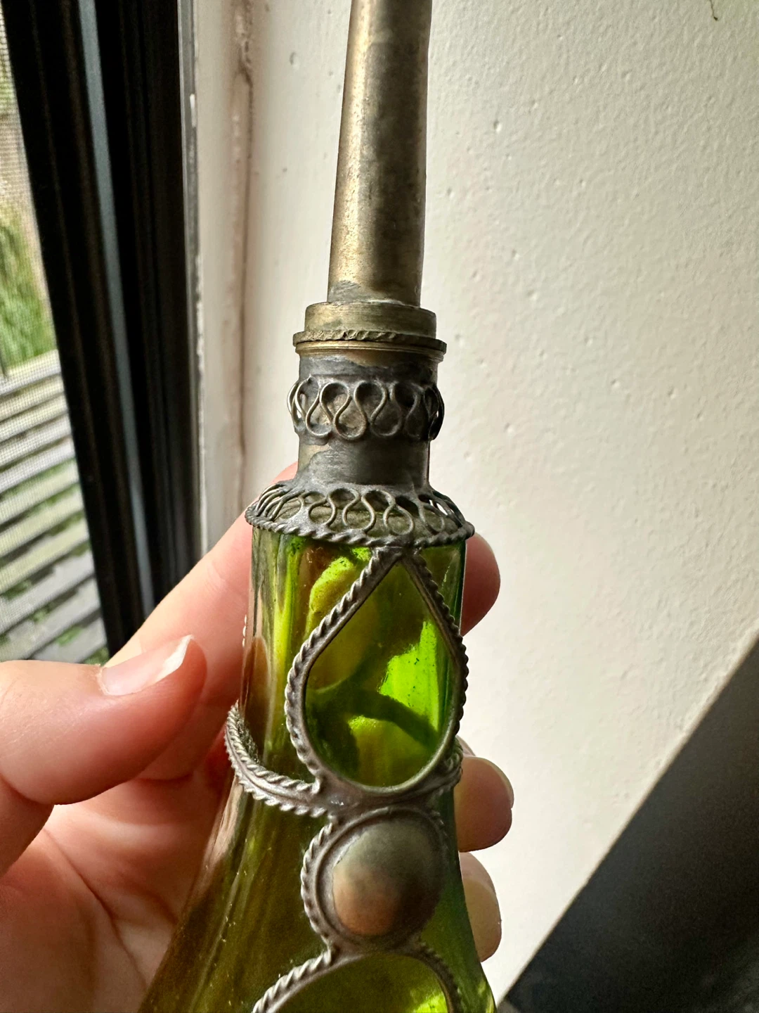 Moroccan Vintage Green Glass Perfume Bottle with Metal Overlay - photo 5
