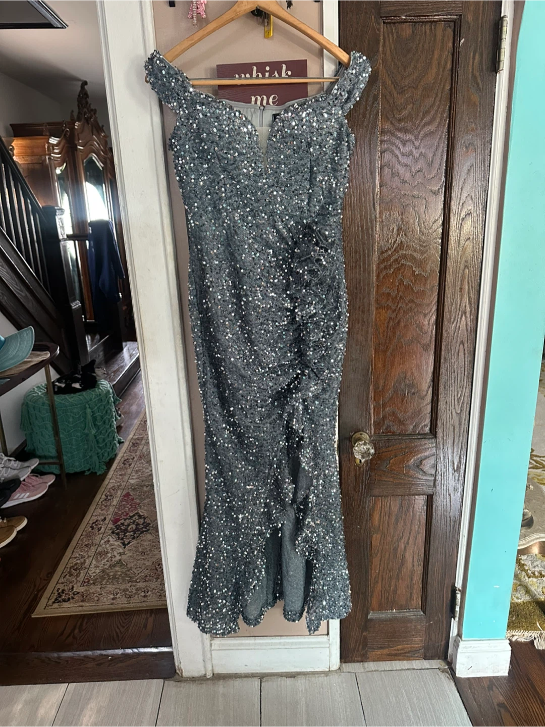 Gray Sequined Off-the-Shoulder Formal Dress