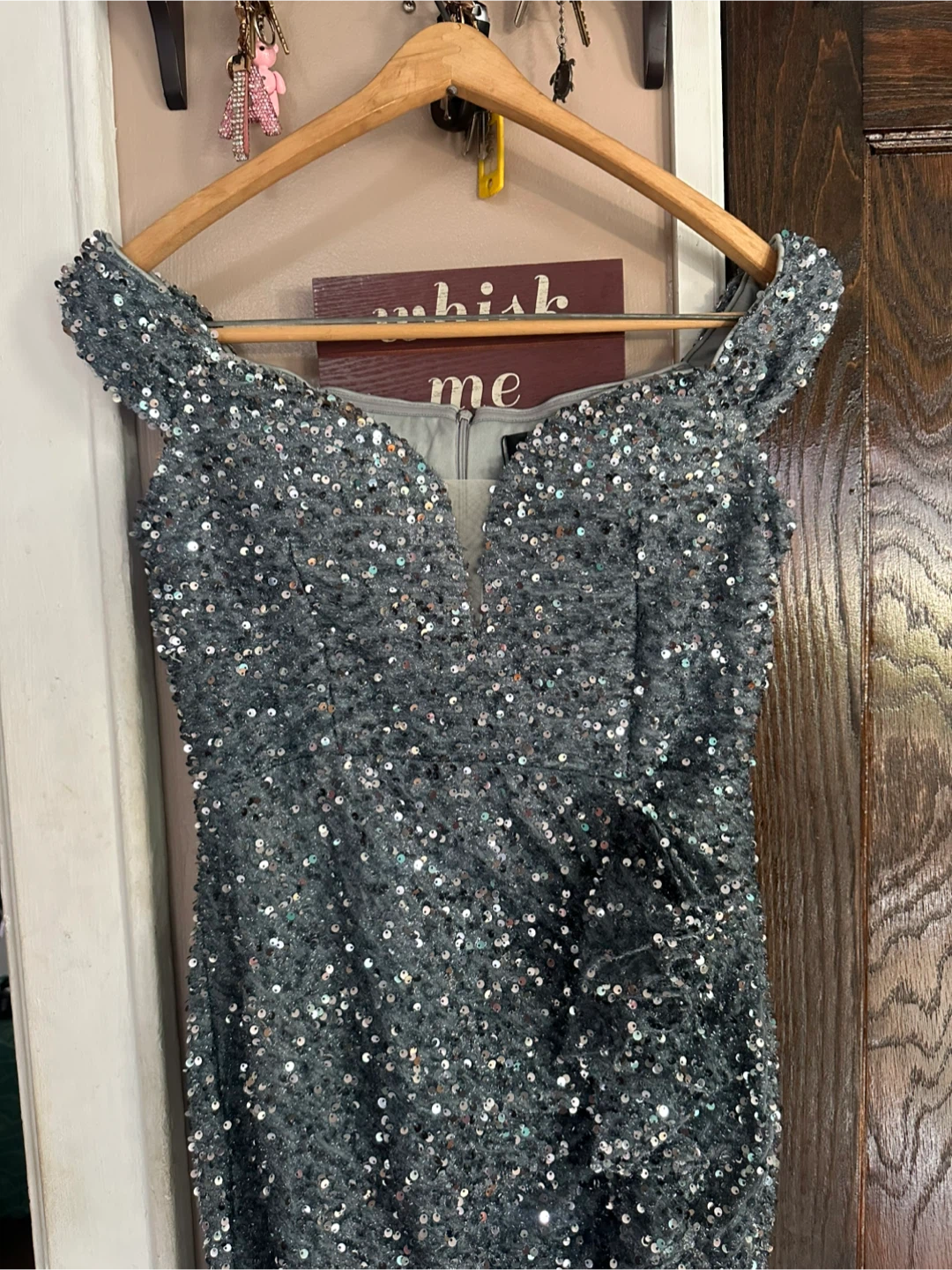 Gray Sequined Off-the-Shoulder Formal Dress - photo 2