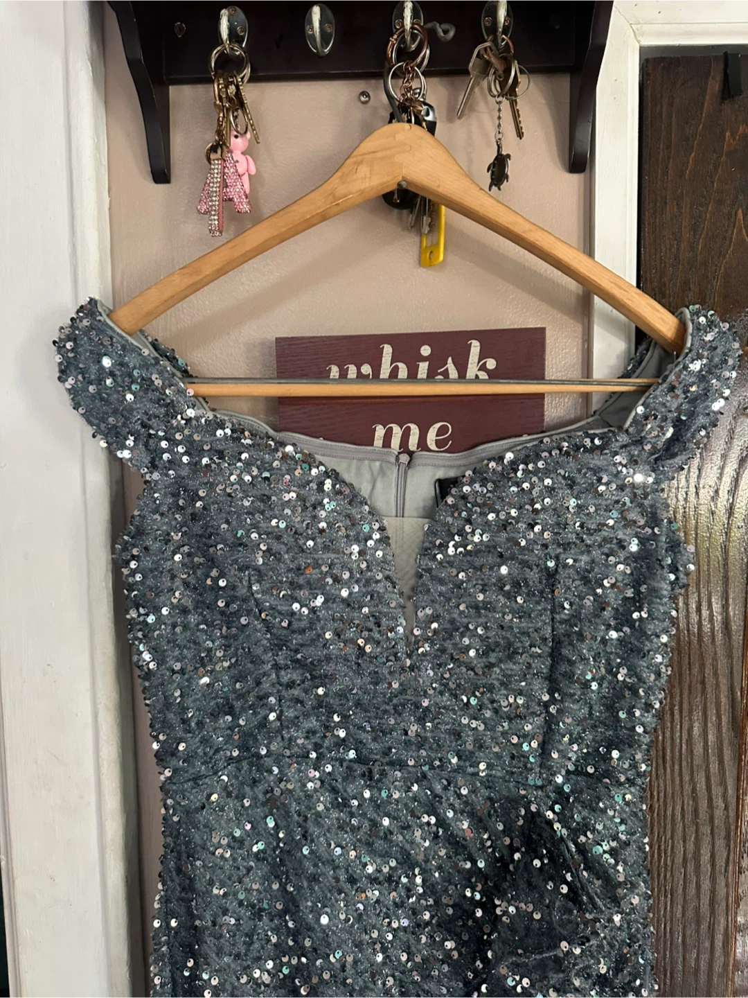 Gray Sequined Off-the-Shoulder Formal Dress - photo 5