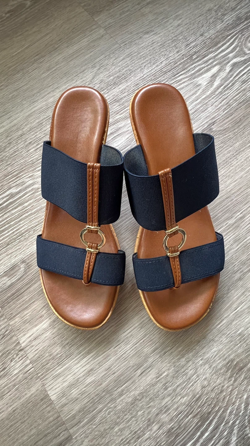 Navy and Tan Wedge Sandals Size 7