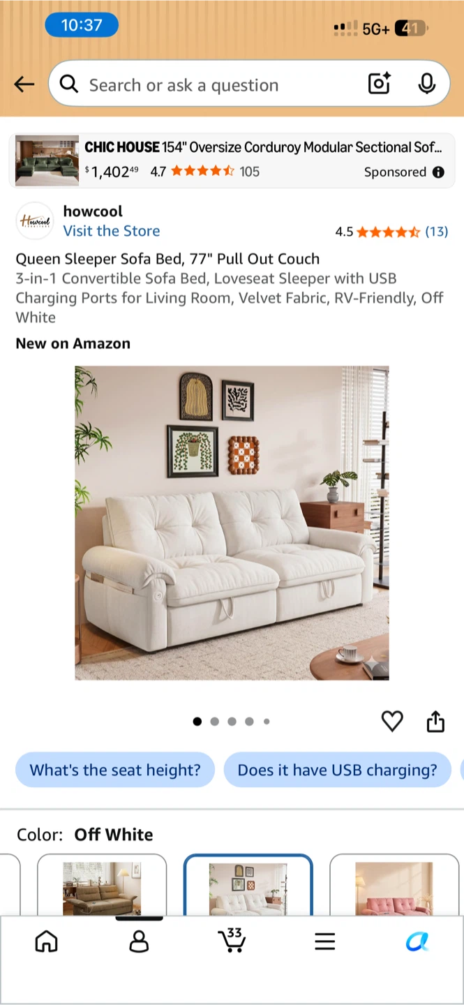 Howcool Queen Sleeper Sofa Bed, 77" Pull Out Couch
