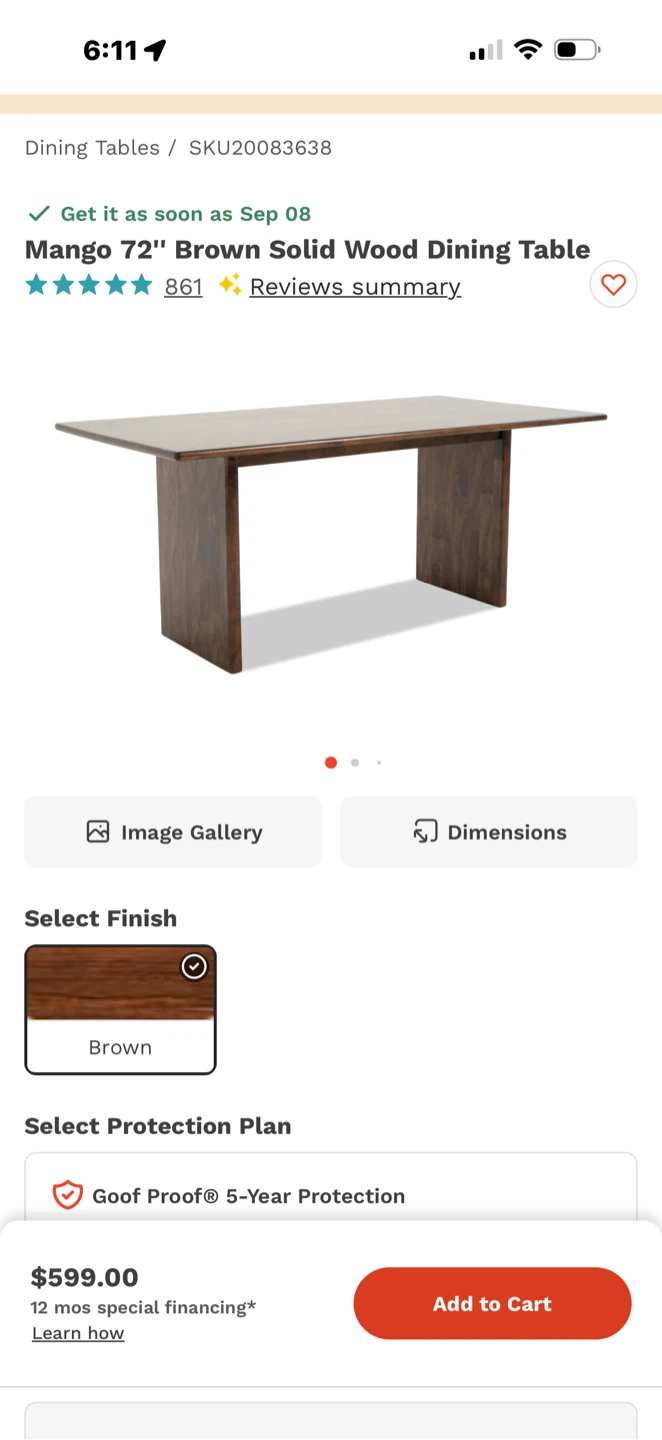 Mango 72" Brown Solid Wood Dining Table