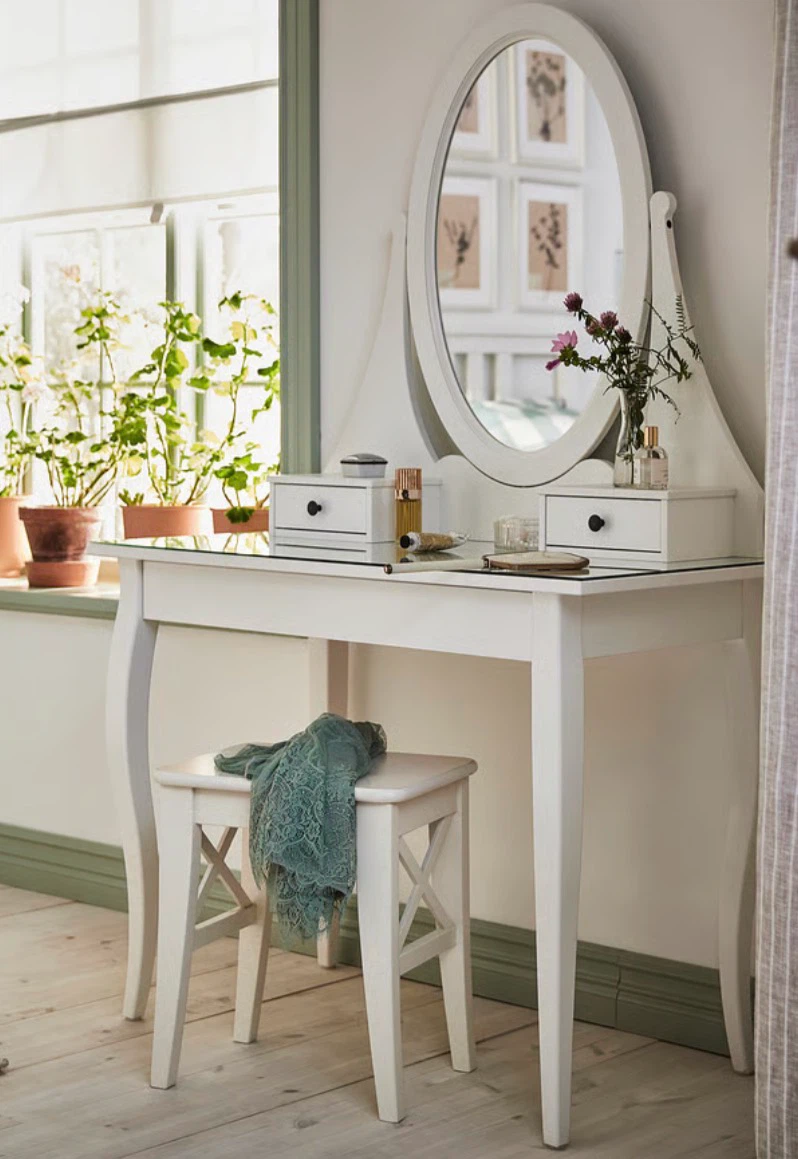 White Dressing Table with Oval Mirror and Stool with chair