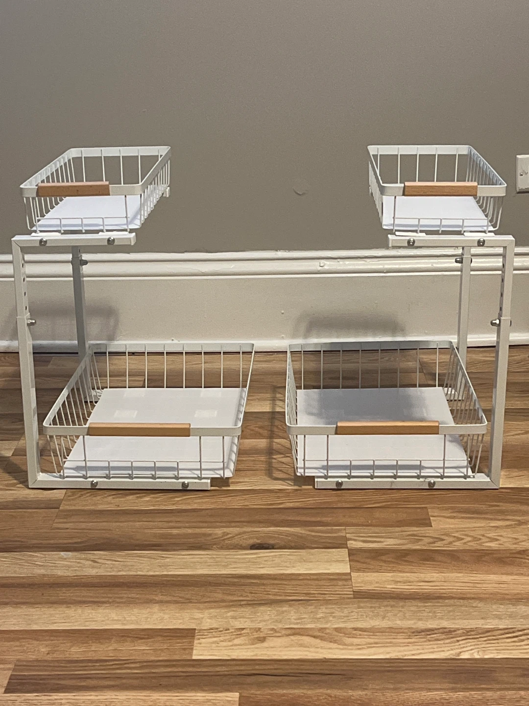 2 White Stackable Storage Baskets with Wood Handles
