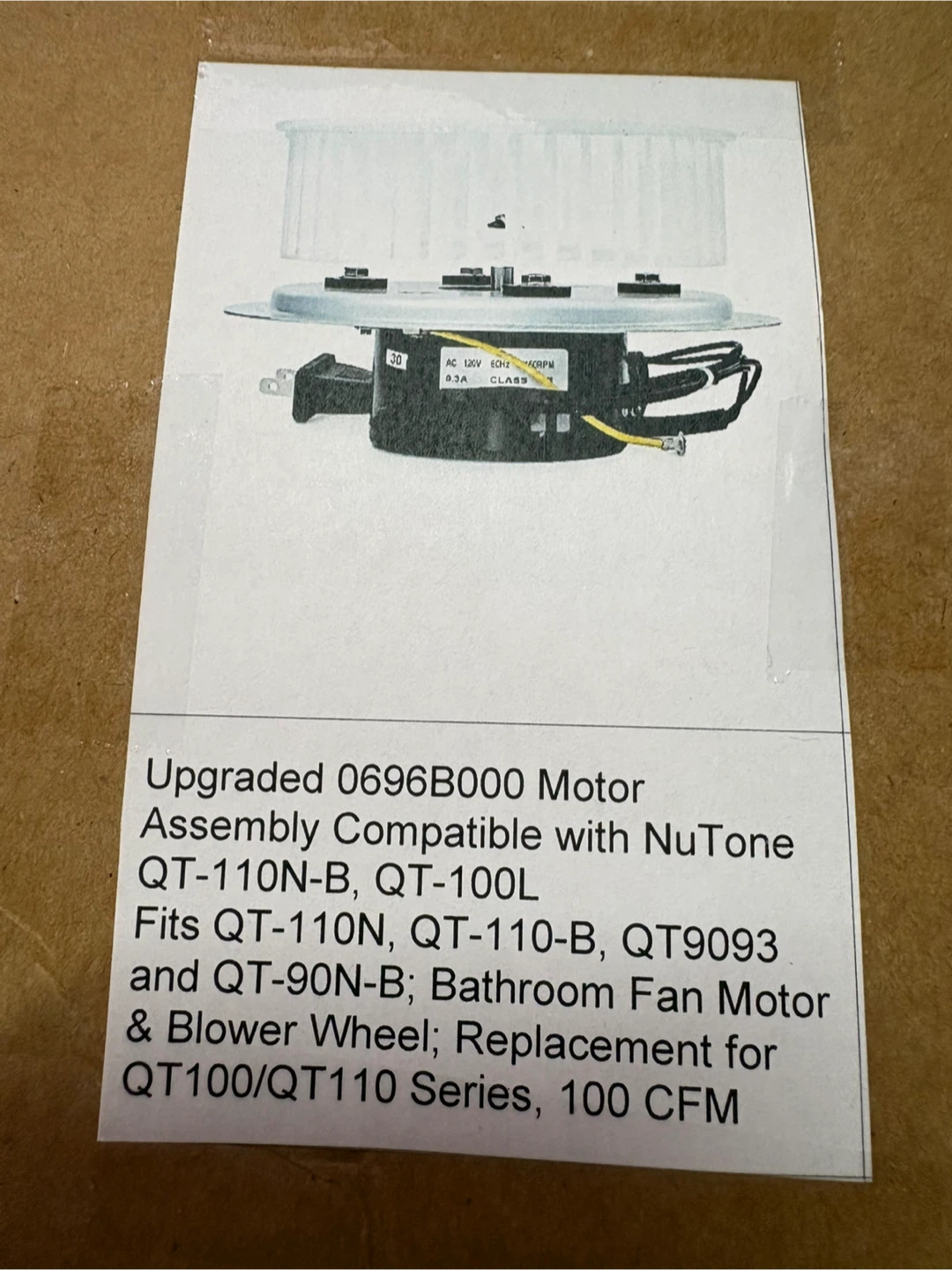 NuTone QT-110N-B / QT-100L Bathroom Fan Motor & Blower Wheel