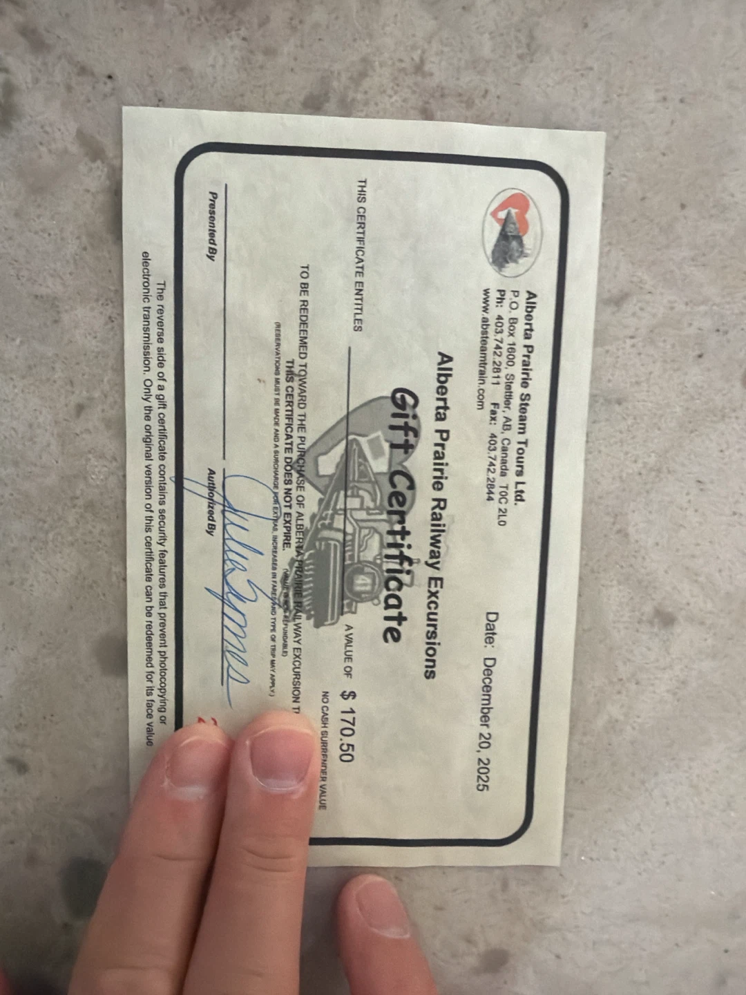 Alberta Prairie Railway Excursions $170.50 Gift Certificate