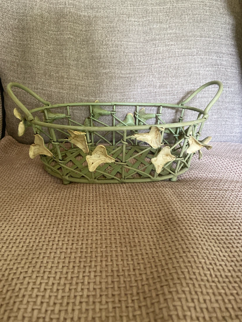 Decorative Green Metal Basket with Floral Accents