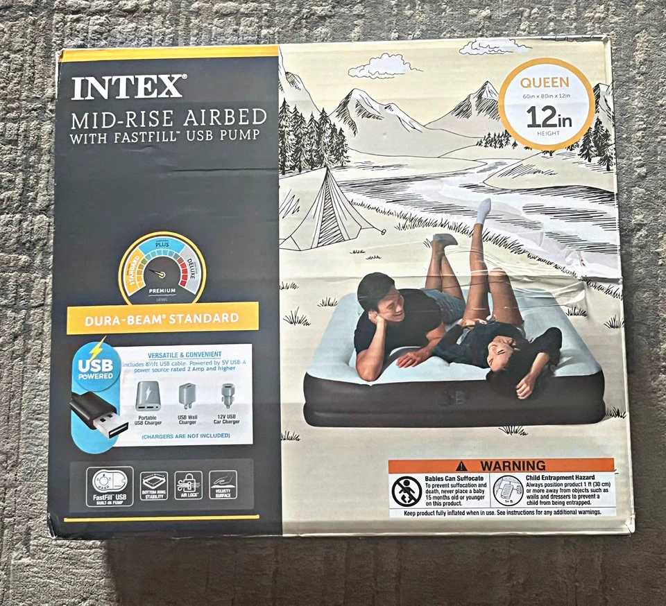 Intex Mid-Rise Airbed Queen with FastFill USB Pump