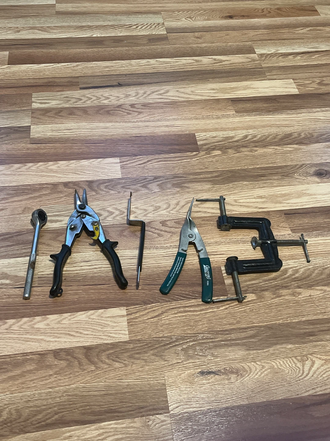 Assorted Hand Tools: Ratchet, Aviation Snips, Clamps