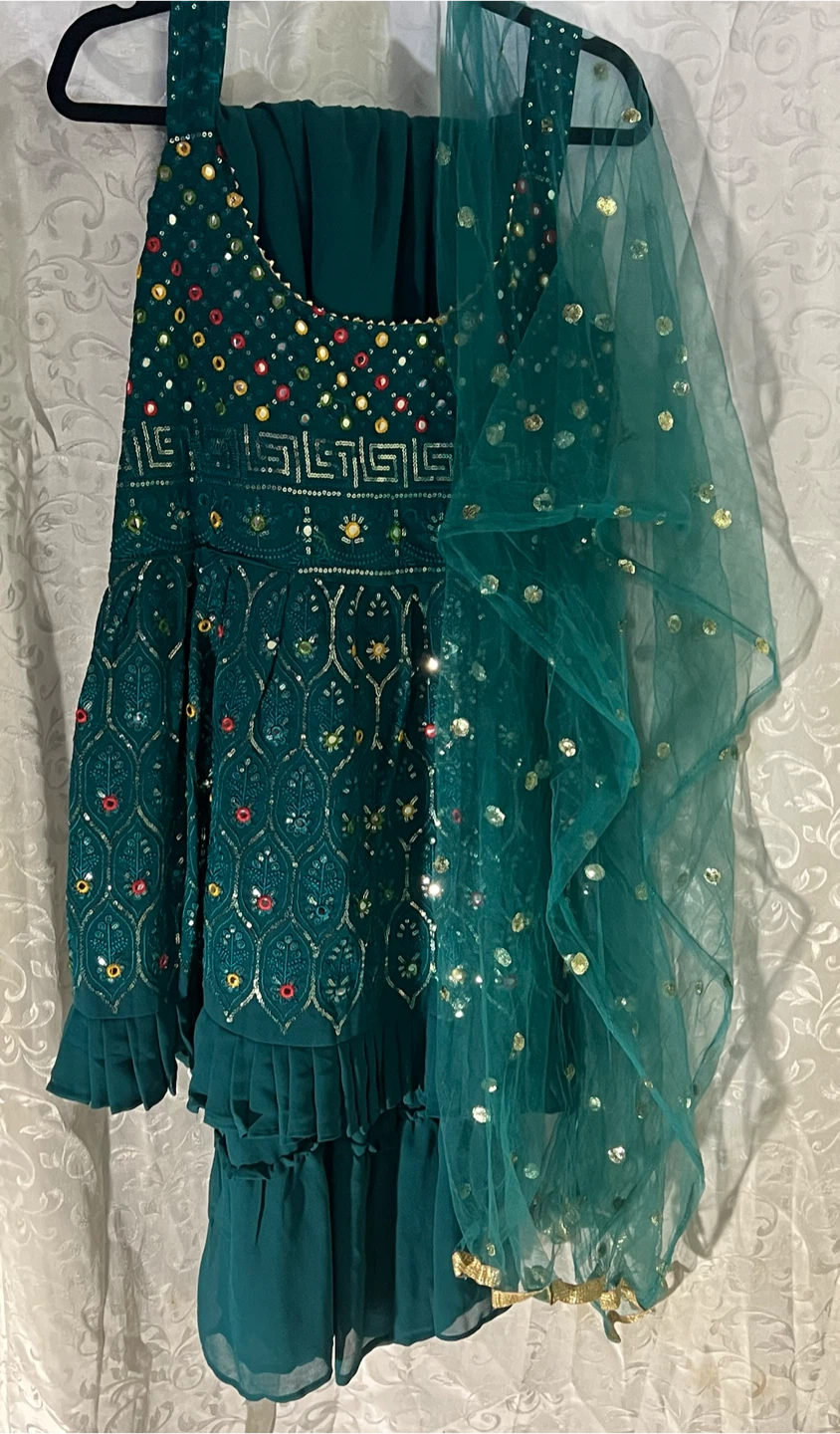 Teal Embroidered Three-Piece Sharara Set