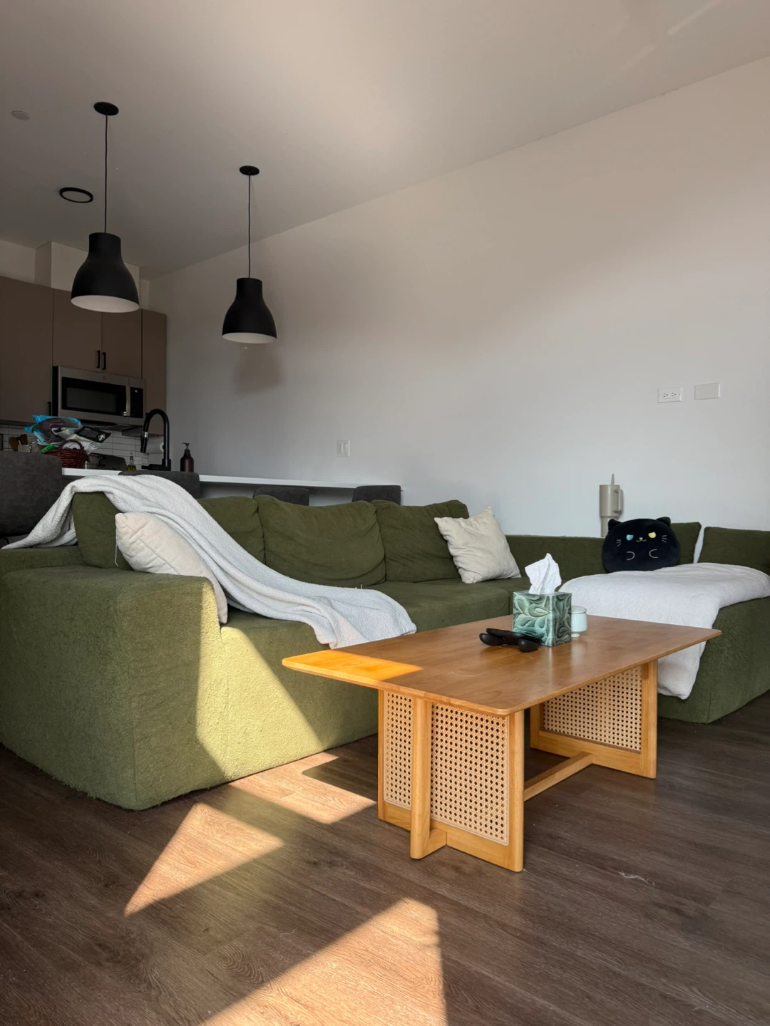 Green Couch + Wooden Coffee Table with Rattan Details