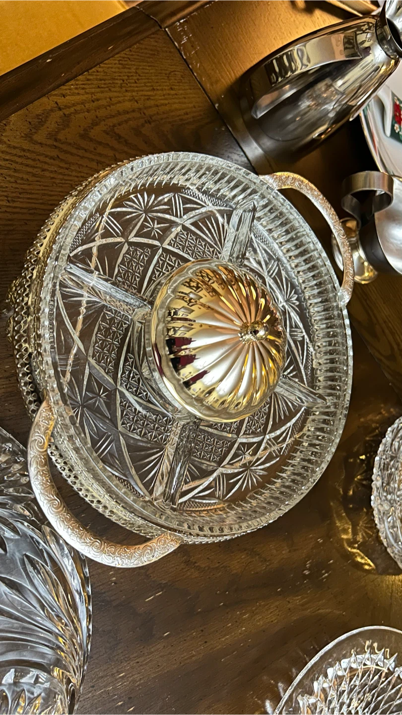 Crystal divided serving tray with silver plate handles