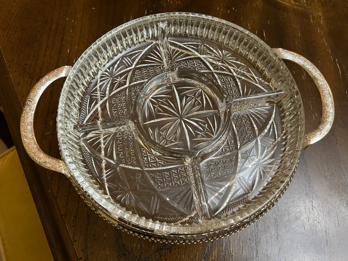Crystal divided serving tray with silver plate handles - photo 4