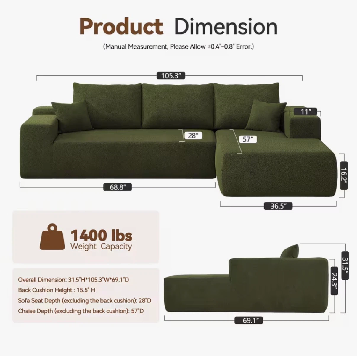 Green Couch + Wooden Coffee Table with Rattan Details - photo 2