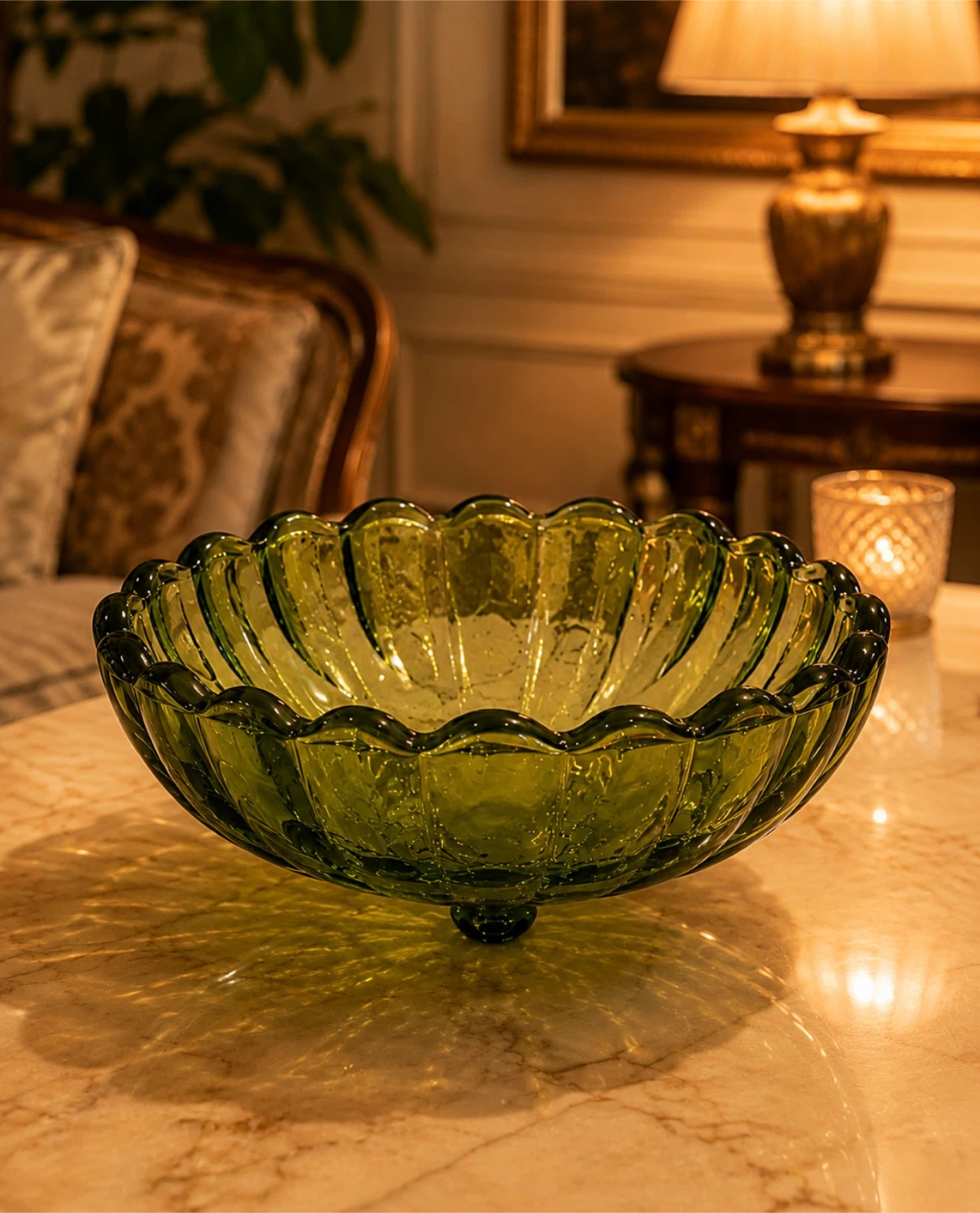 Green Scalloped Glass Footed Bowl