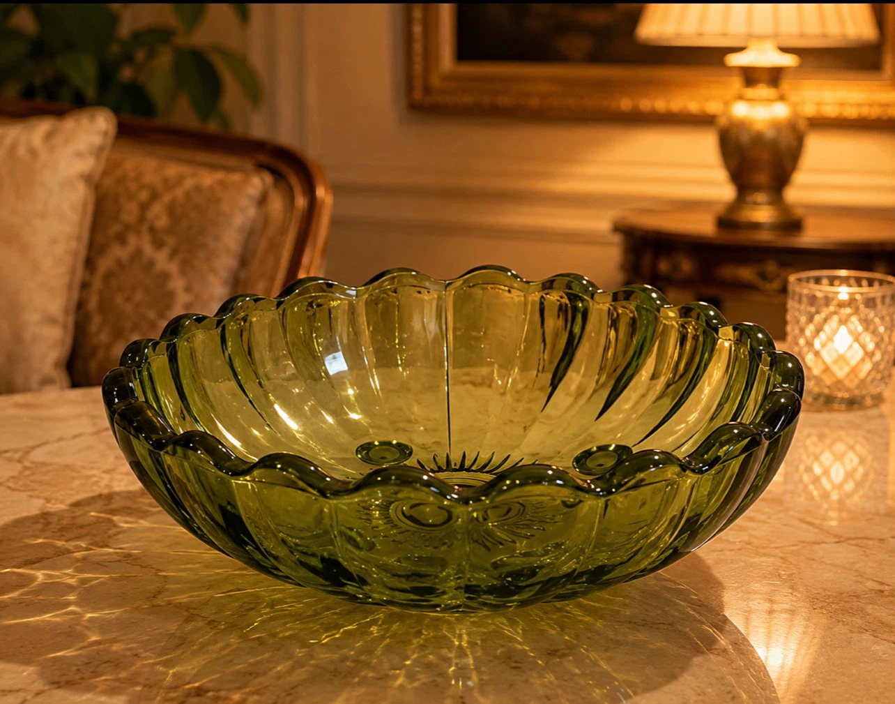 Green Scalloped Glass Footed Bowl - photo 3