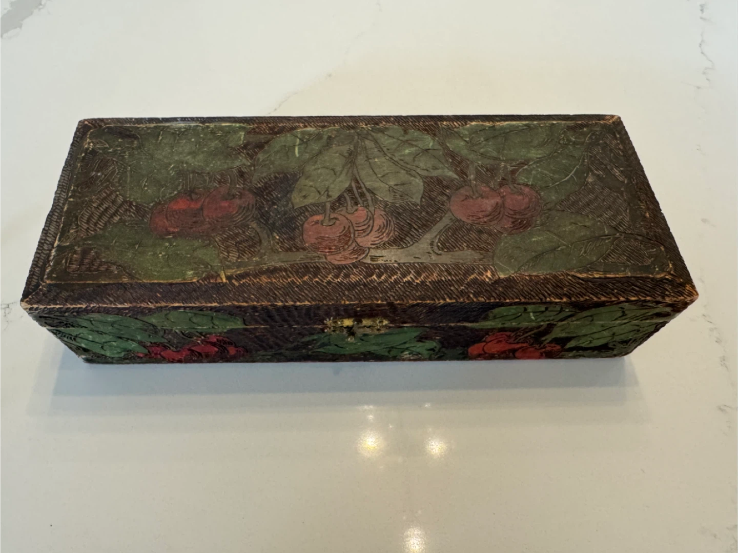 Antique Flemish Pyrography Cherry Motif Box Circa 1910