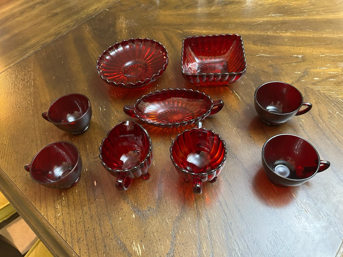 Set of 8 Ruby Red Glass Cups and Serving Dishes