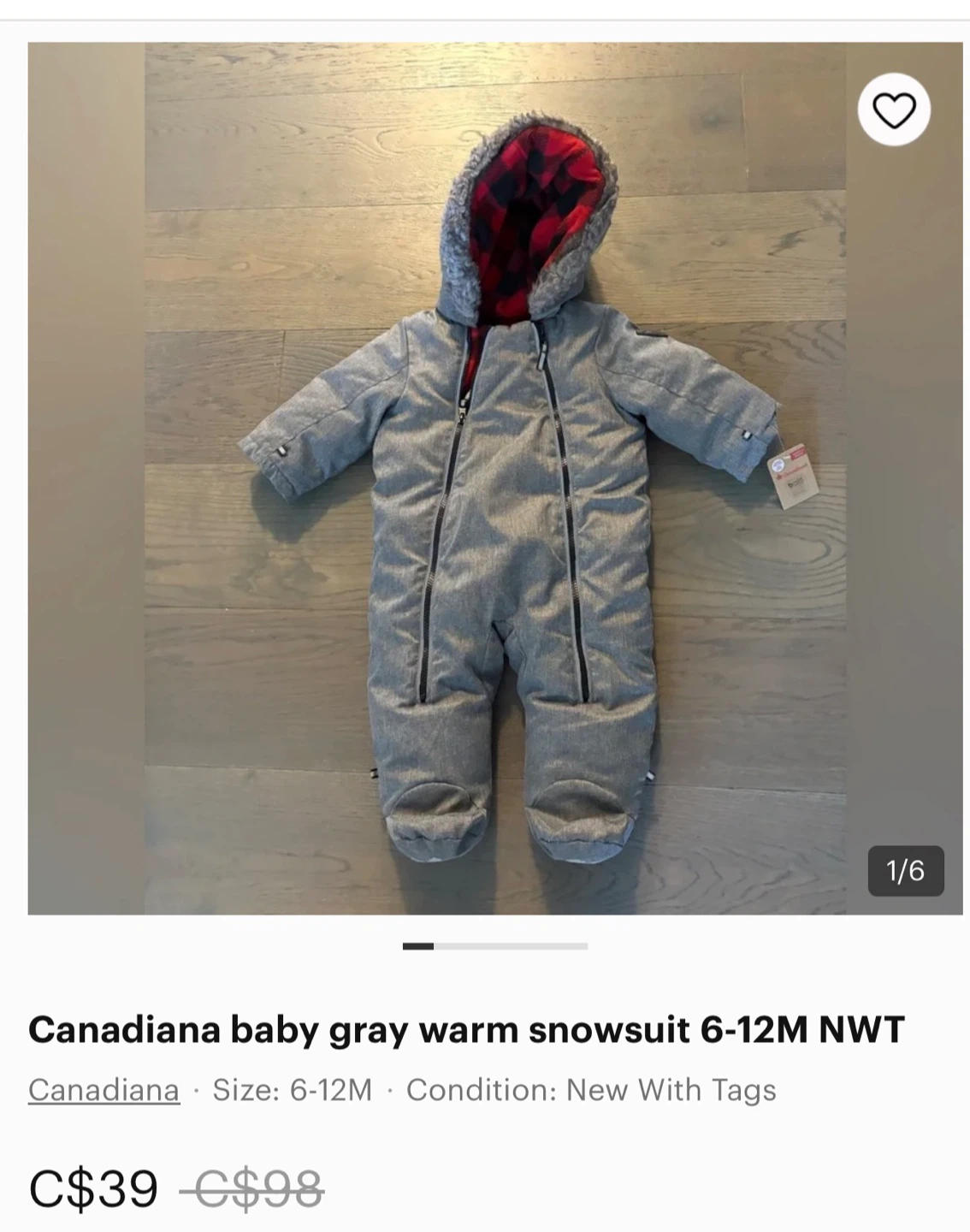Canadiana Baby Gray Snowsuit 6-12M NWT