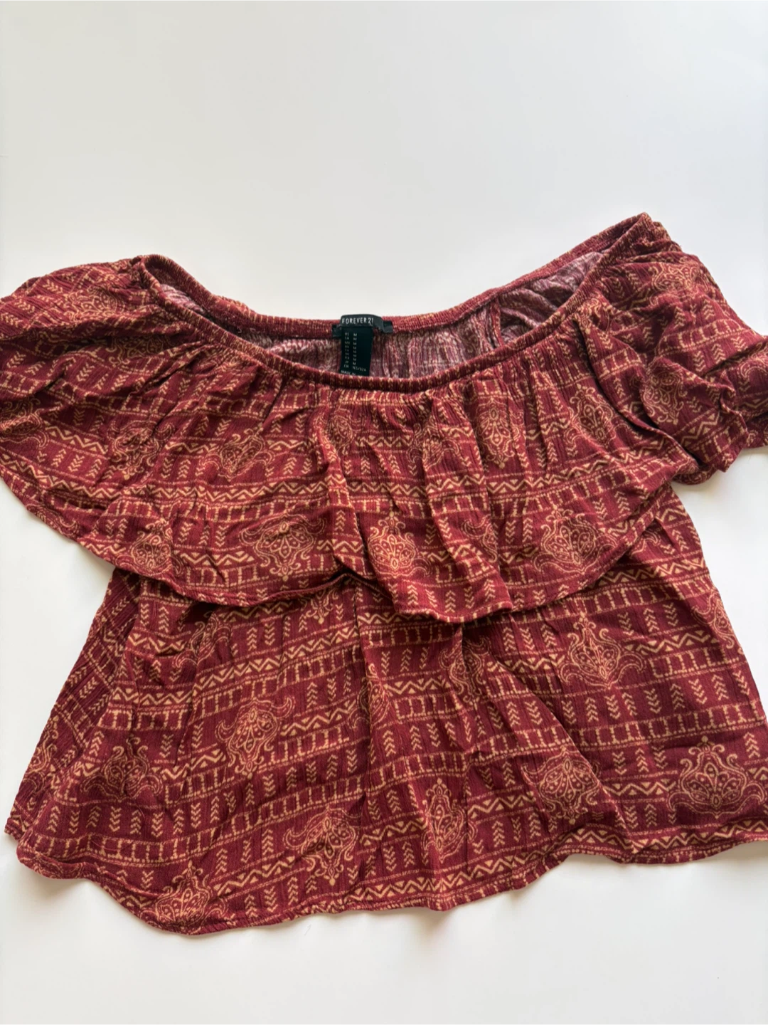 Forever 21 Red Patterned Off-the-Shoulder Top - Size Medium