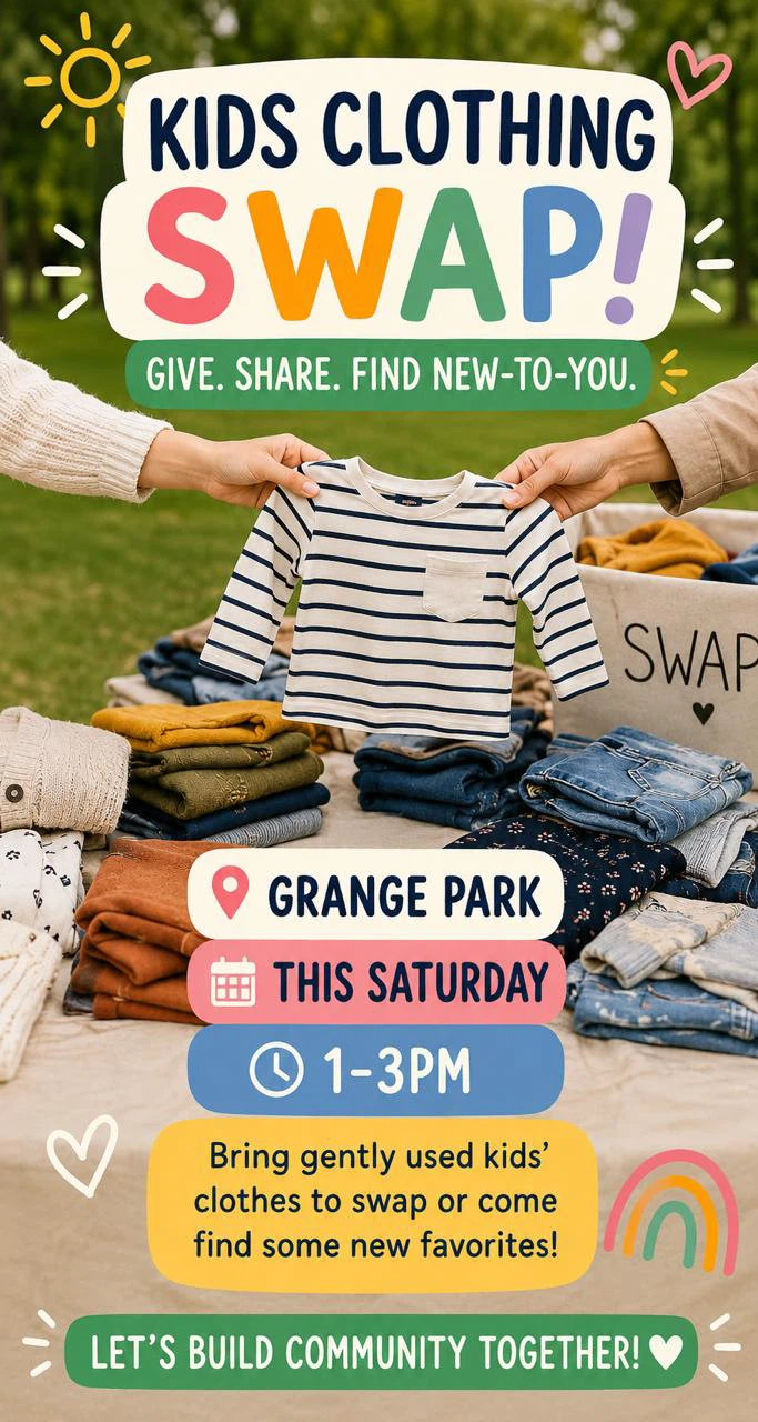 Kids’ clothing swap Saturday 1-3pm