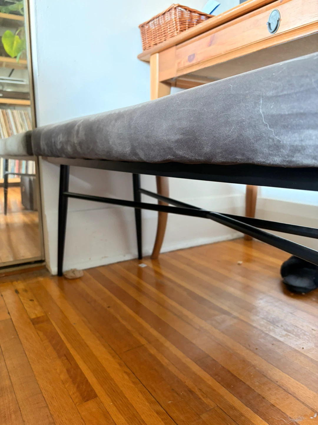 Grey Velvet Upholstered Bench with Black Metal Base - photo 3