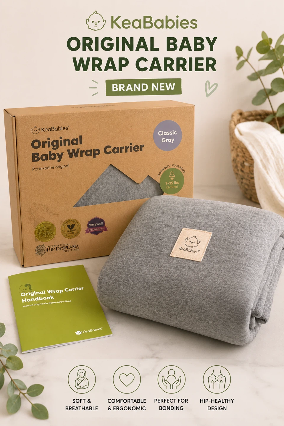 KeaBabies Original Baby Wrap Carrier – Brand New – Classic Gray