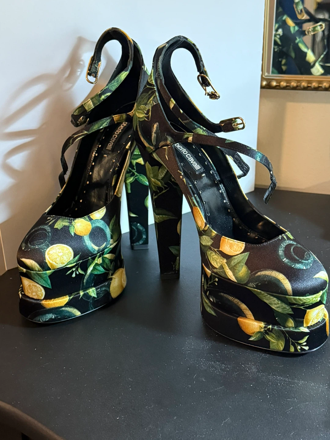 Roberto Cavalli Lemon Print Platform Heels