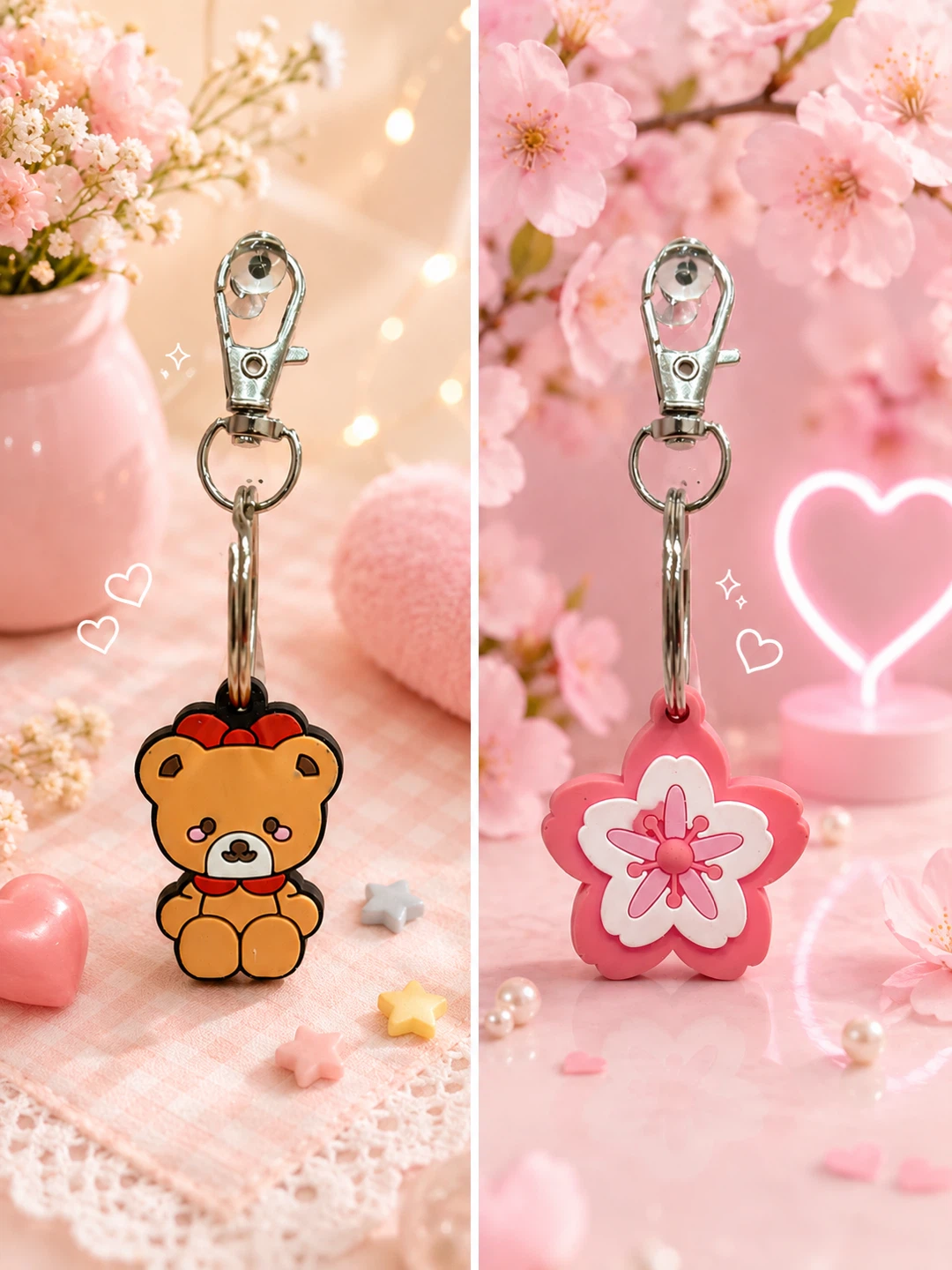 Handmade Cute Bear & Cherry Blossom Keychain