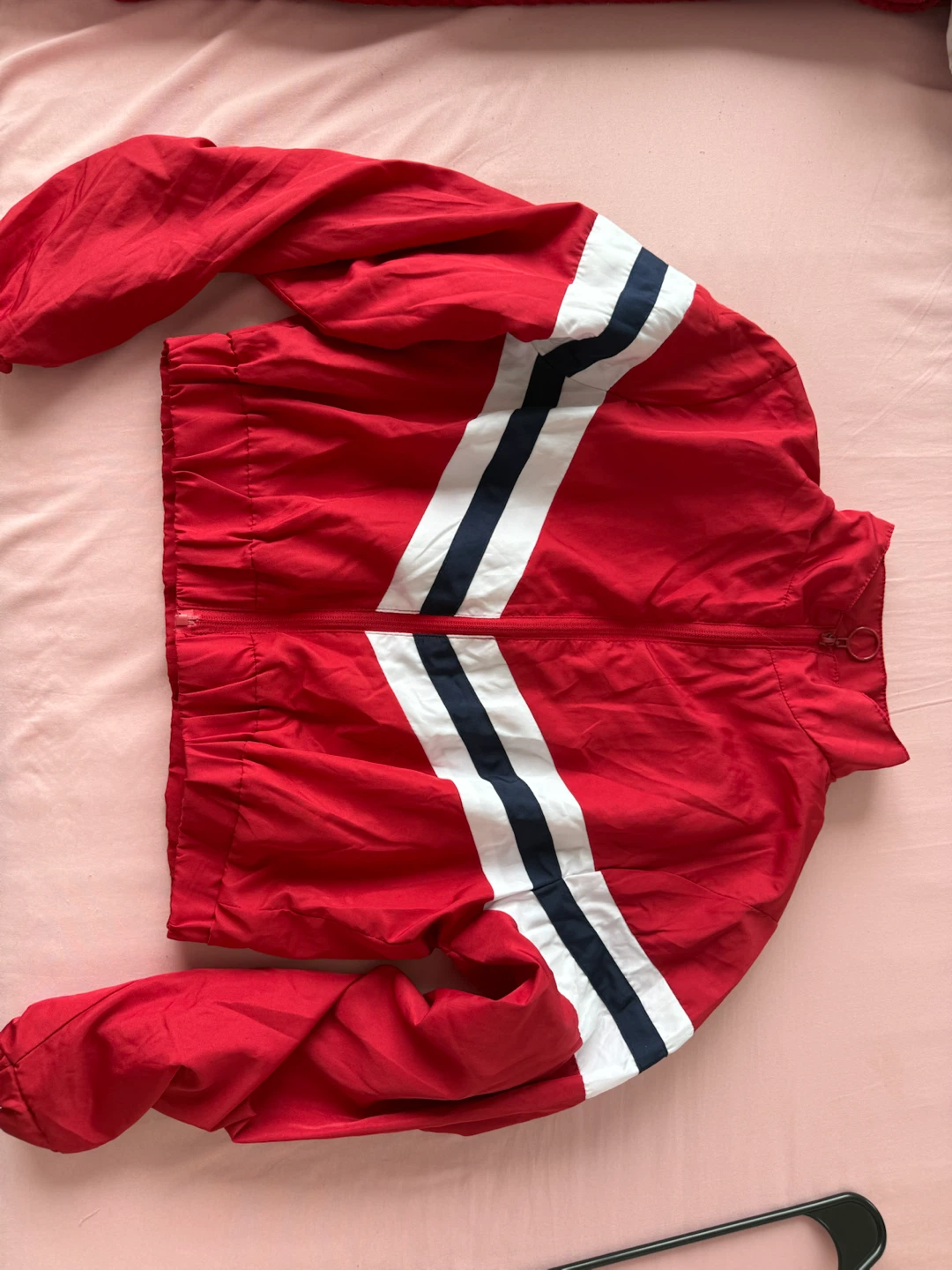Red Track Jacket with White and Blue Stripes