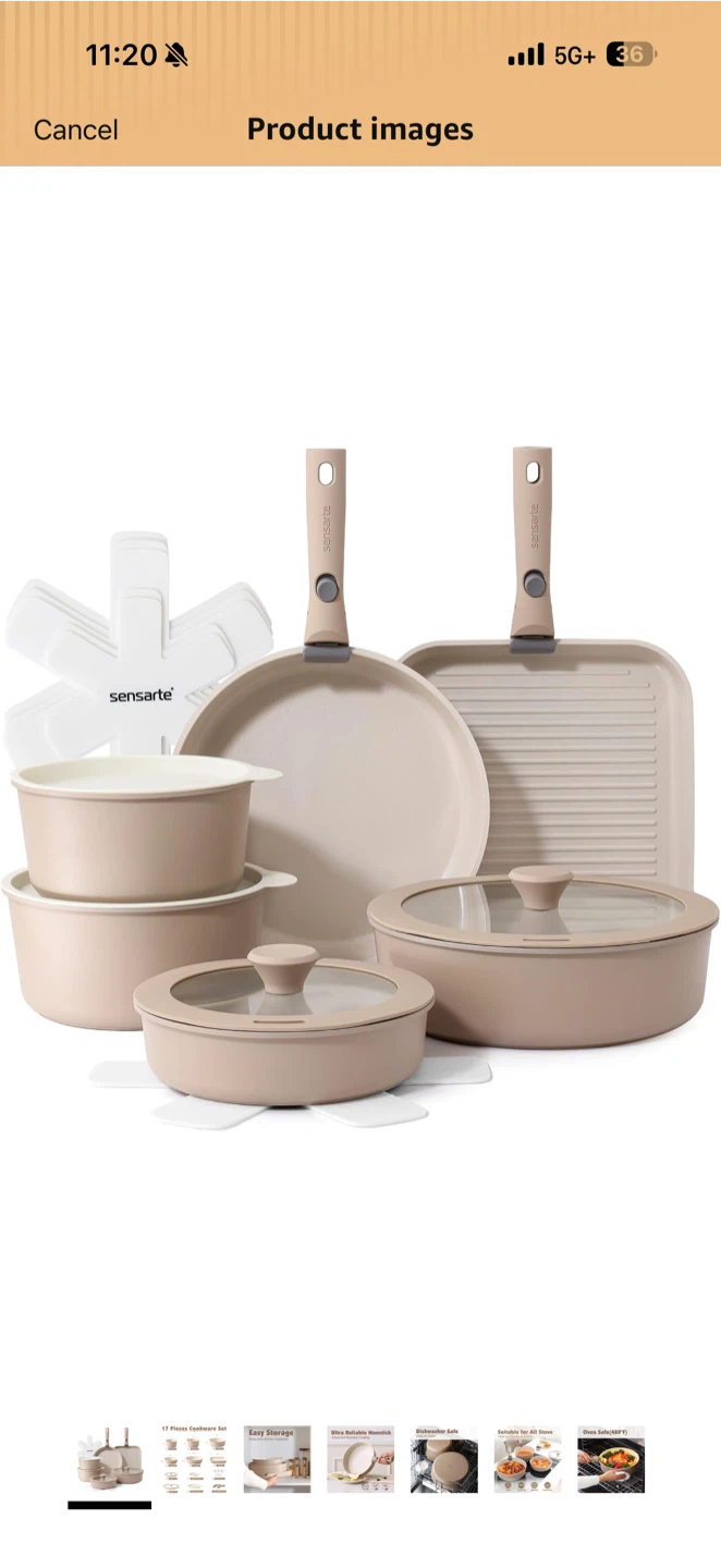 Sensarte 17-Piece Ceramic Detachable Handle Cookware Set