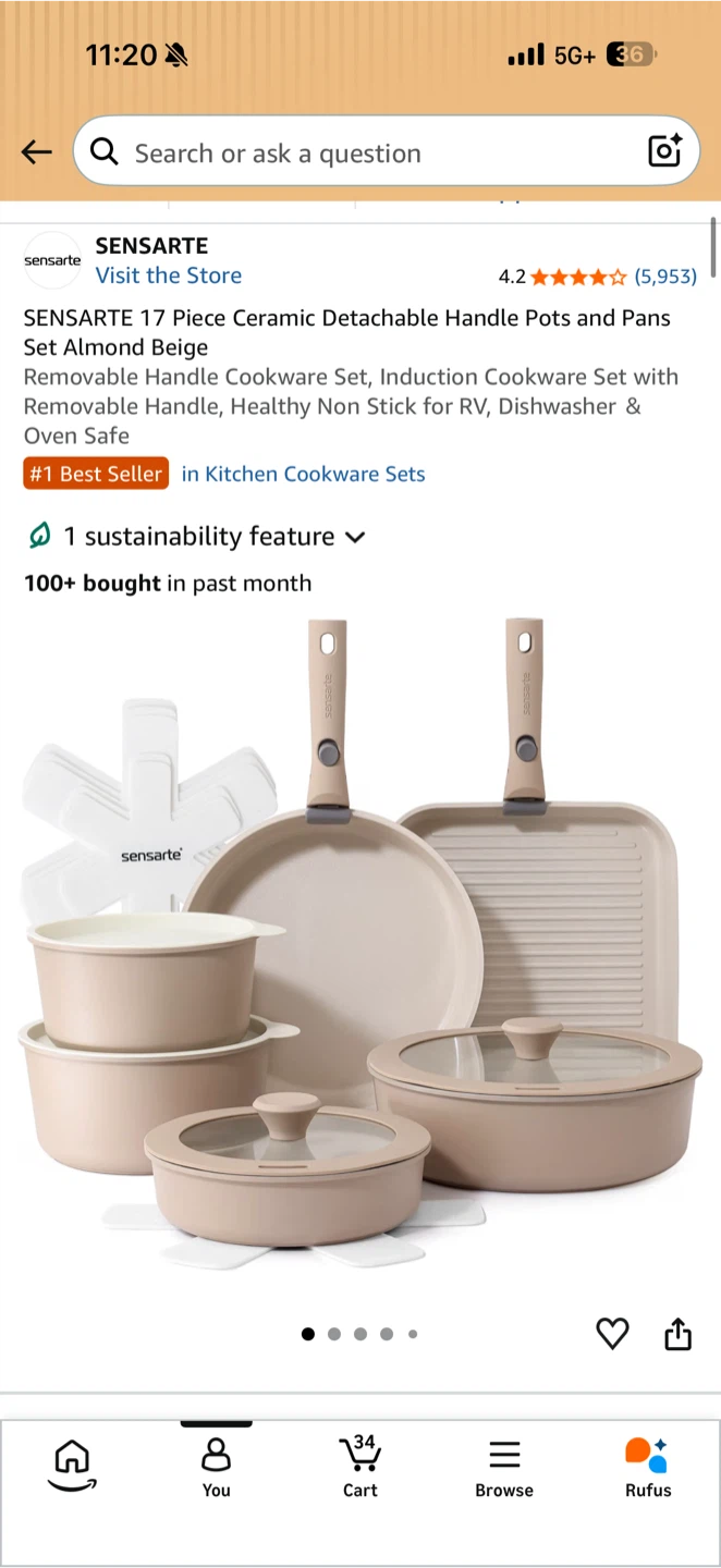 Sensarte 17-Piece Ceramic Detachable Handle Cookware Set - photo 2