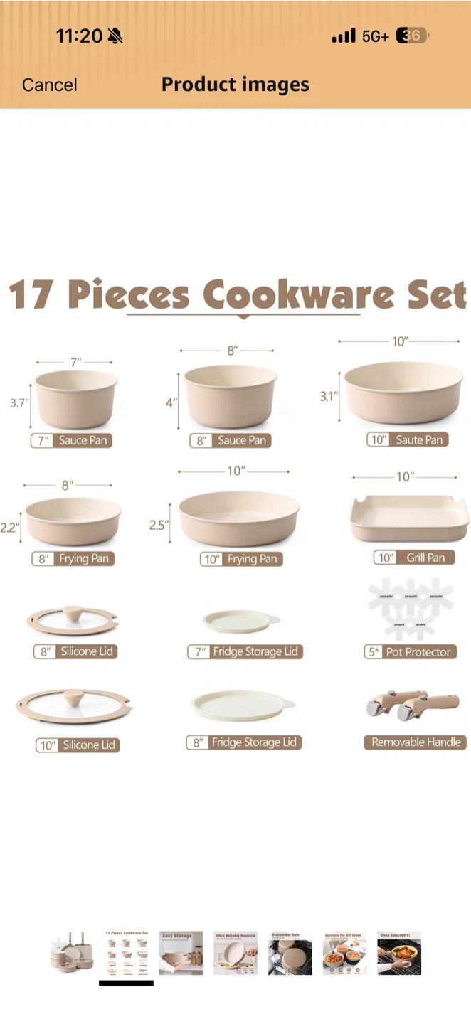 Sensarte 17-Piece Ceramic Detachable Handle Cookware Set - photo 3