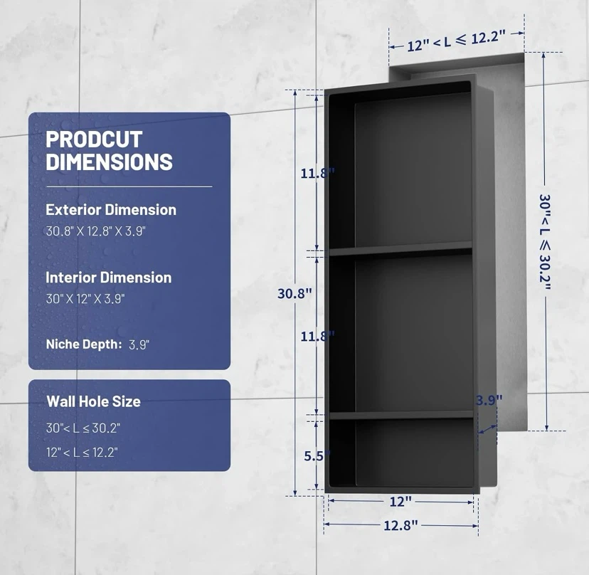 New 12" X 30" Stainless Steel Shower Niche, 3-Tier, Black - photo 2