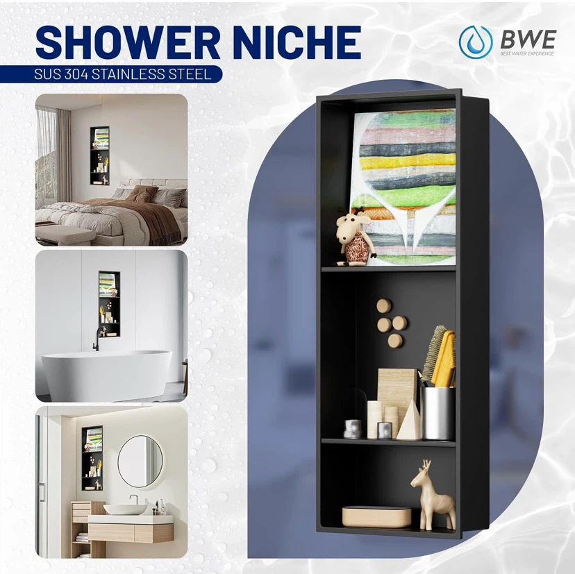 New 12" X 30" Stainless Steel Shower Niche, 3-Tier, Black - photo 3