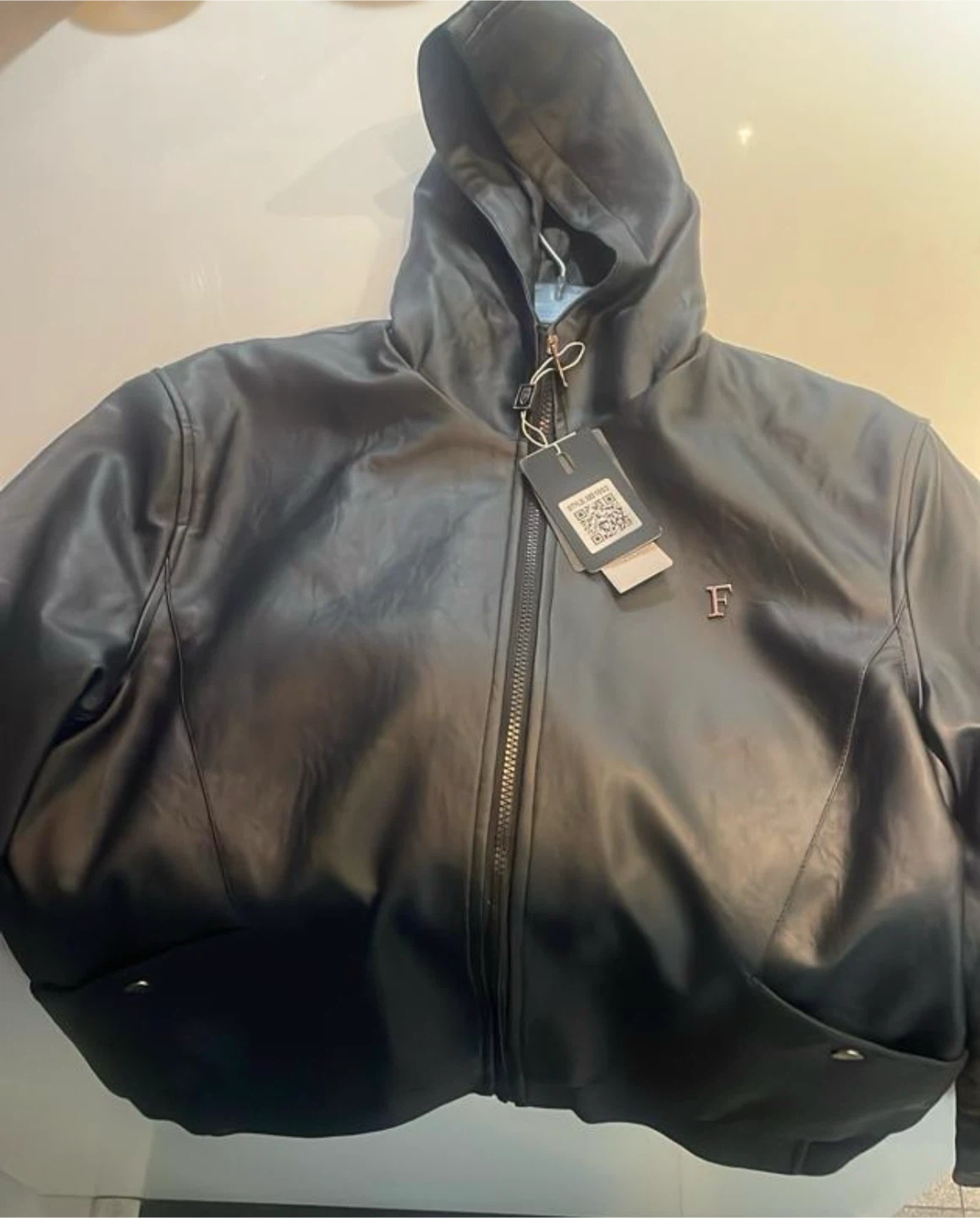 F Collections Hooded Black Leather Jacket