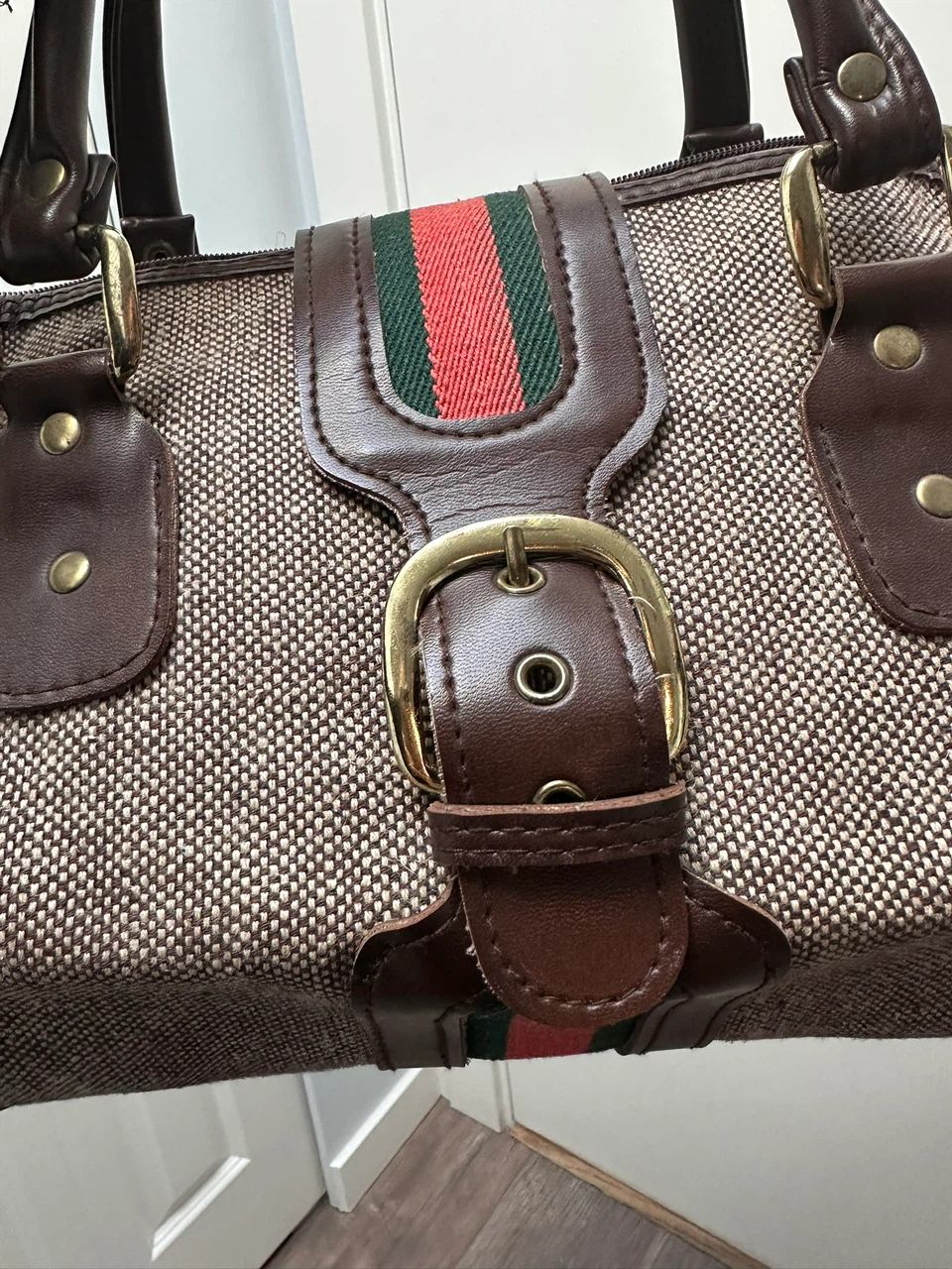 Vintage-style brown structured luggage handbag