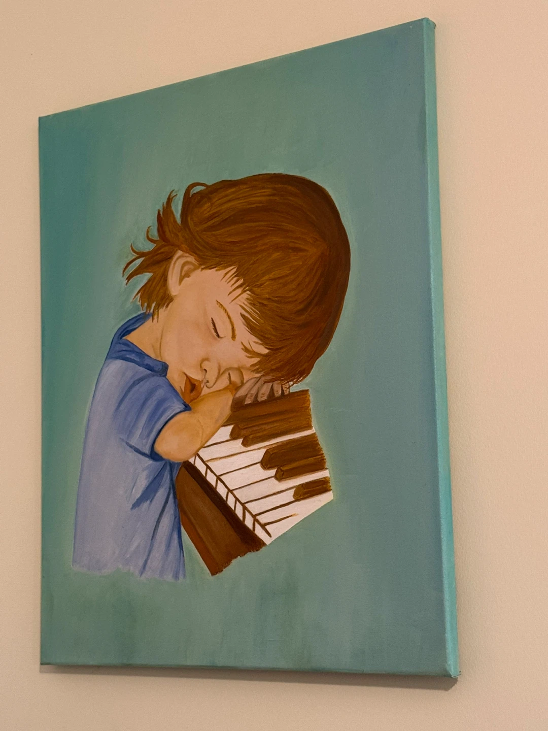 Oil painting of sleeping child with piano