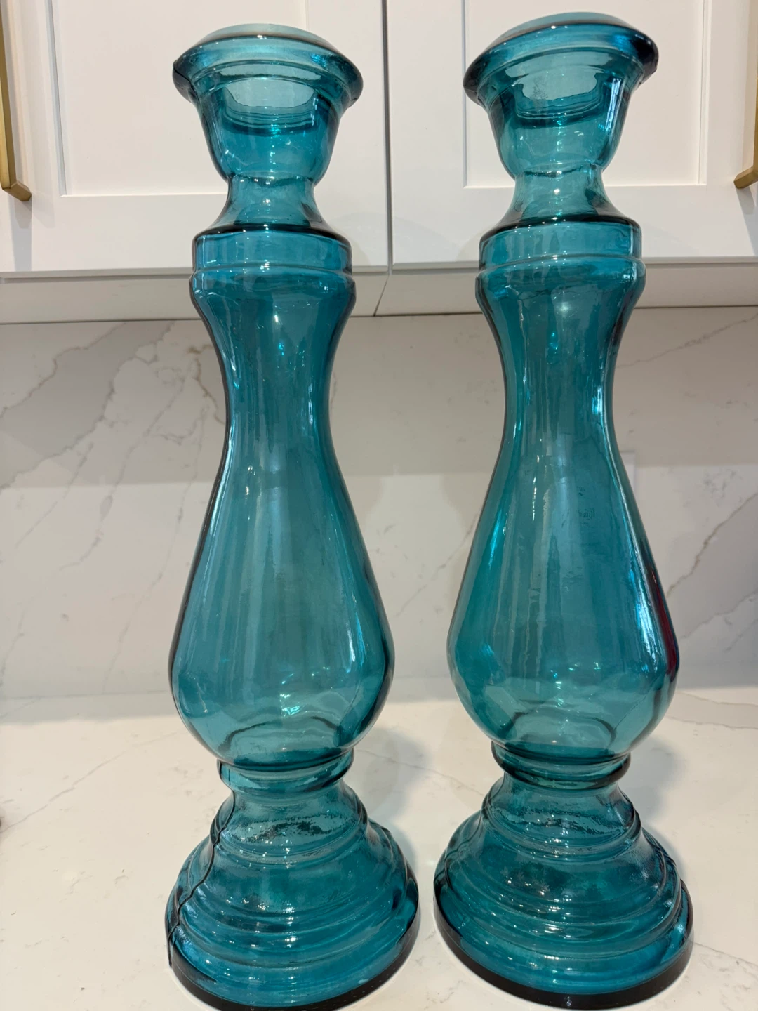 Set of Two Teal Glass Candlestick Holders