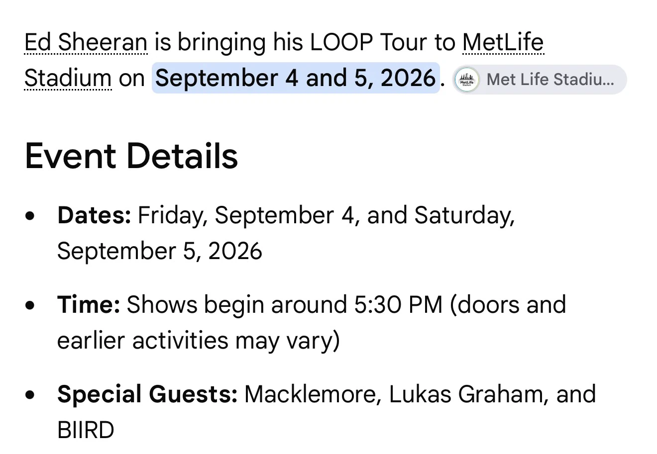 Ed Sheeran LOOP Tour Tickets - Sept 4 2026 - photo 2