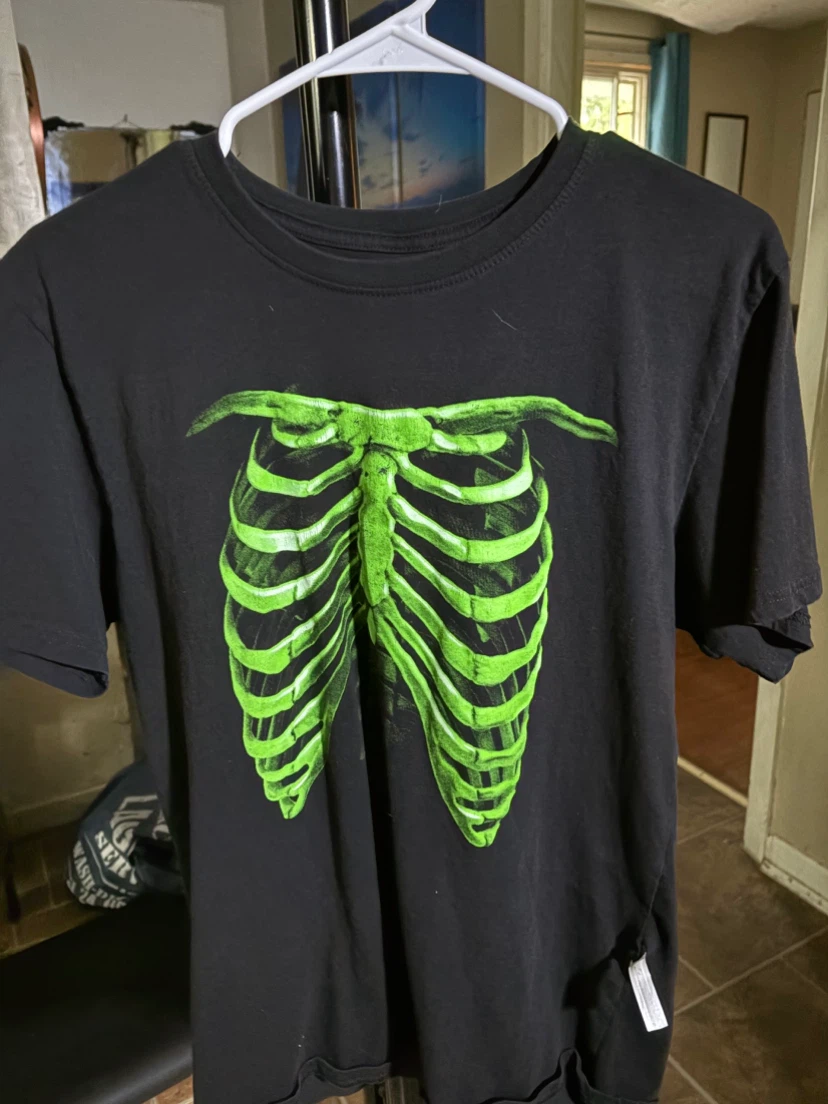 Black T-Shirt with Neon Green Rib Cage Graphic