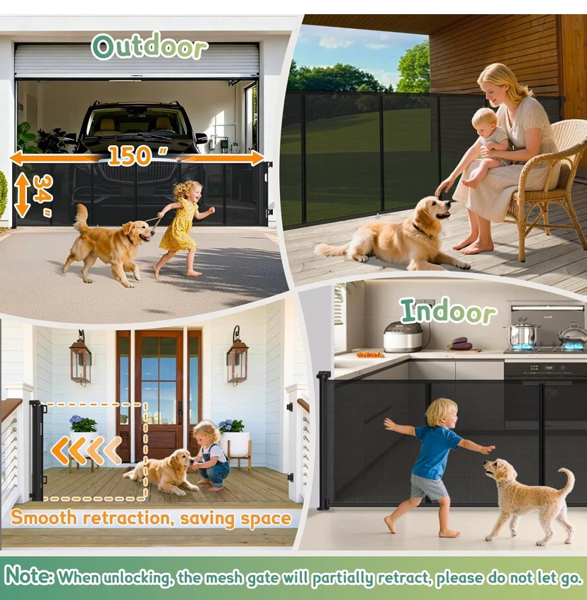 New Retractable Baby Gate Extra Wide 150" (12.5 FT) x 34" - photo 5