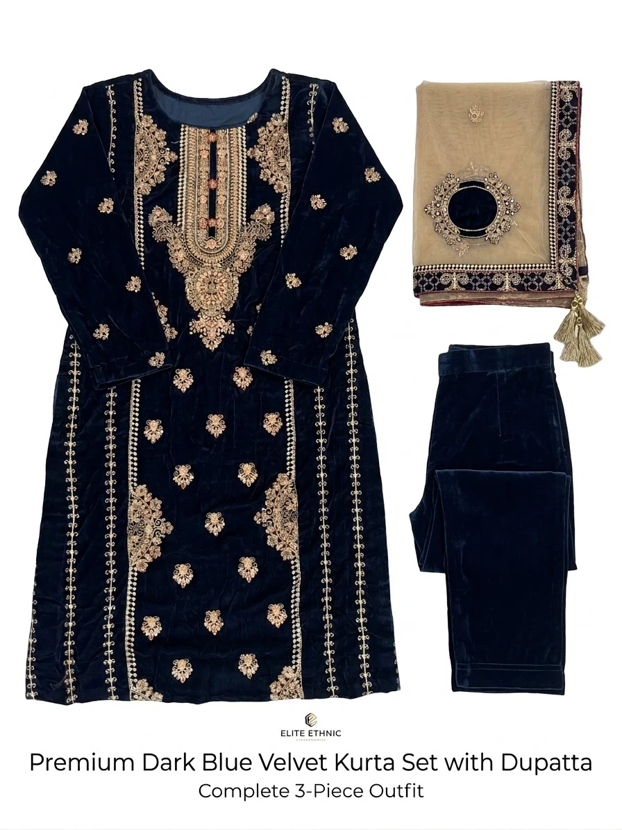 Dark Blue Velvet Kurta Set with Dupatta