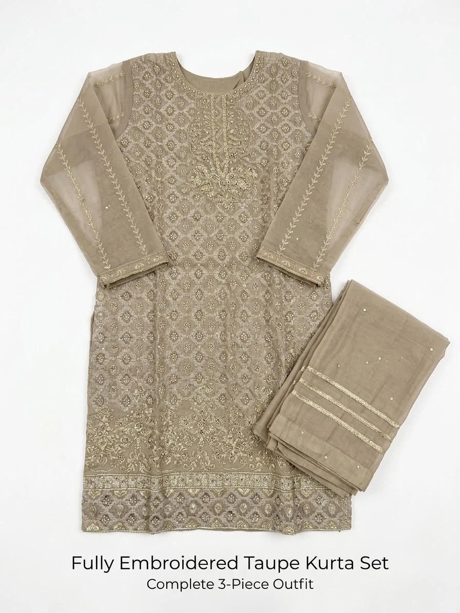 Fully Embroidered Taupe Kurta 3-Piece Set