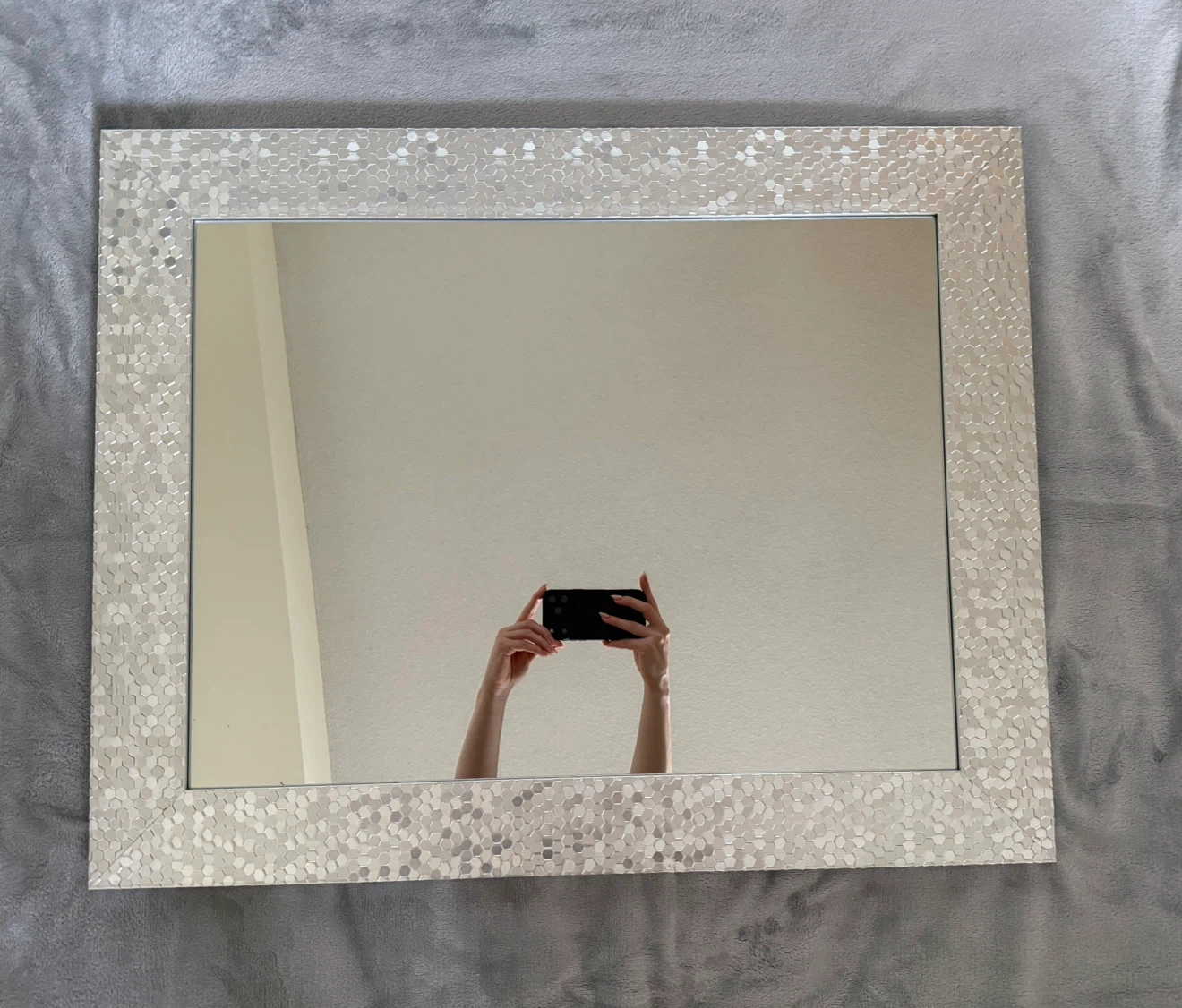 Silver Textured Framed Wall Mirror – 74 × 59 cm