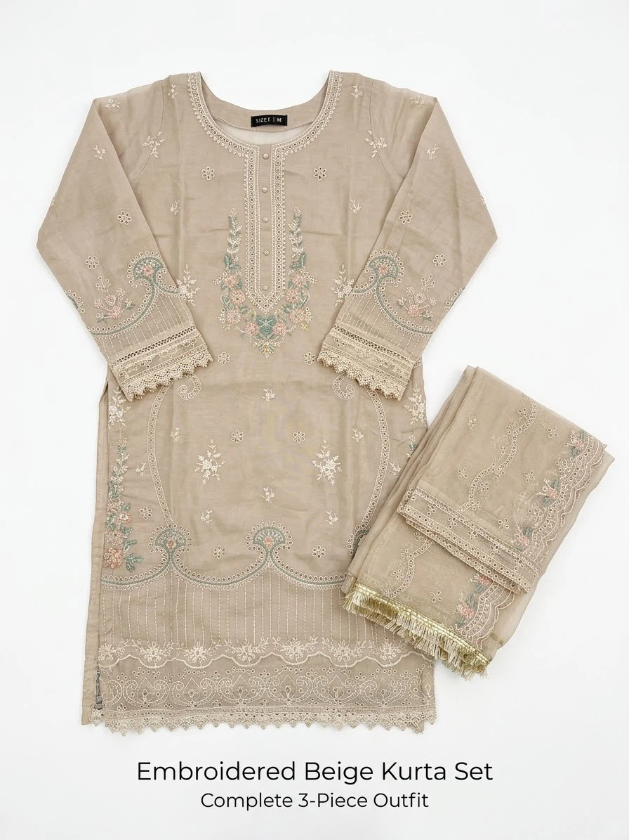 Embroidered Beige Kurta Set