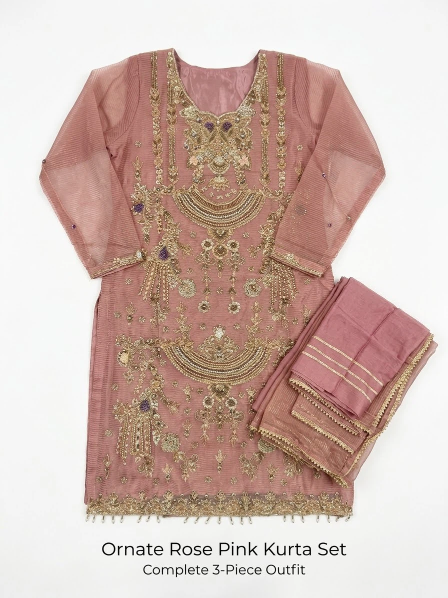 Luxury Ornate Rose Pink Kurta Set