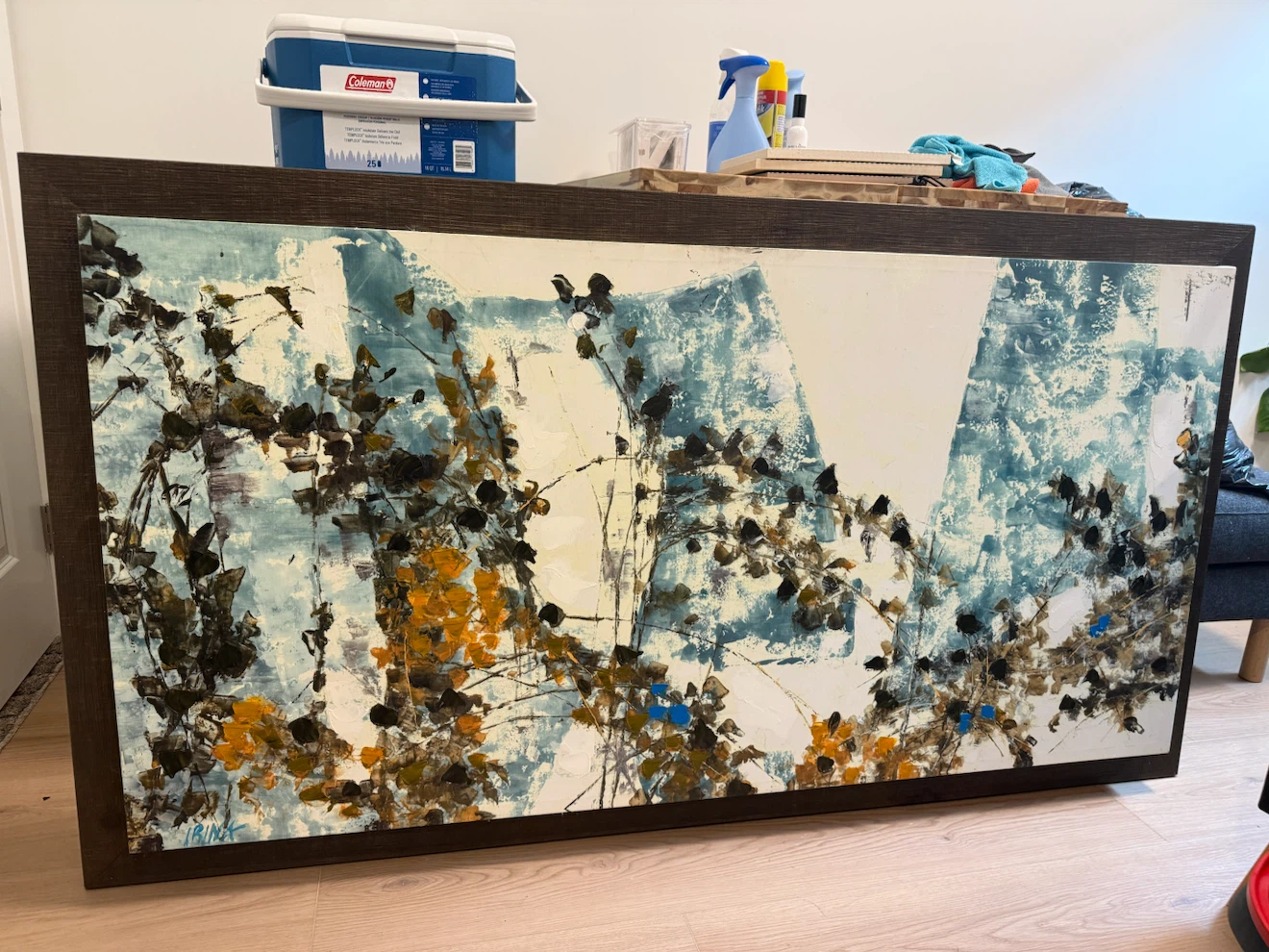 Abstract Floral Artwork with Dark Wood Frame